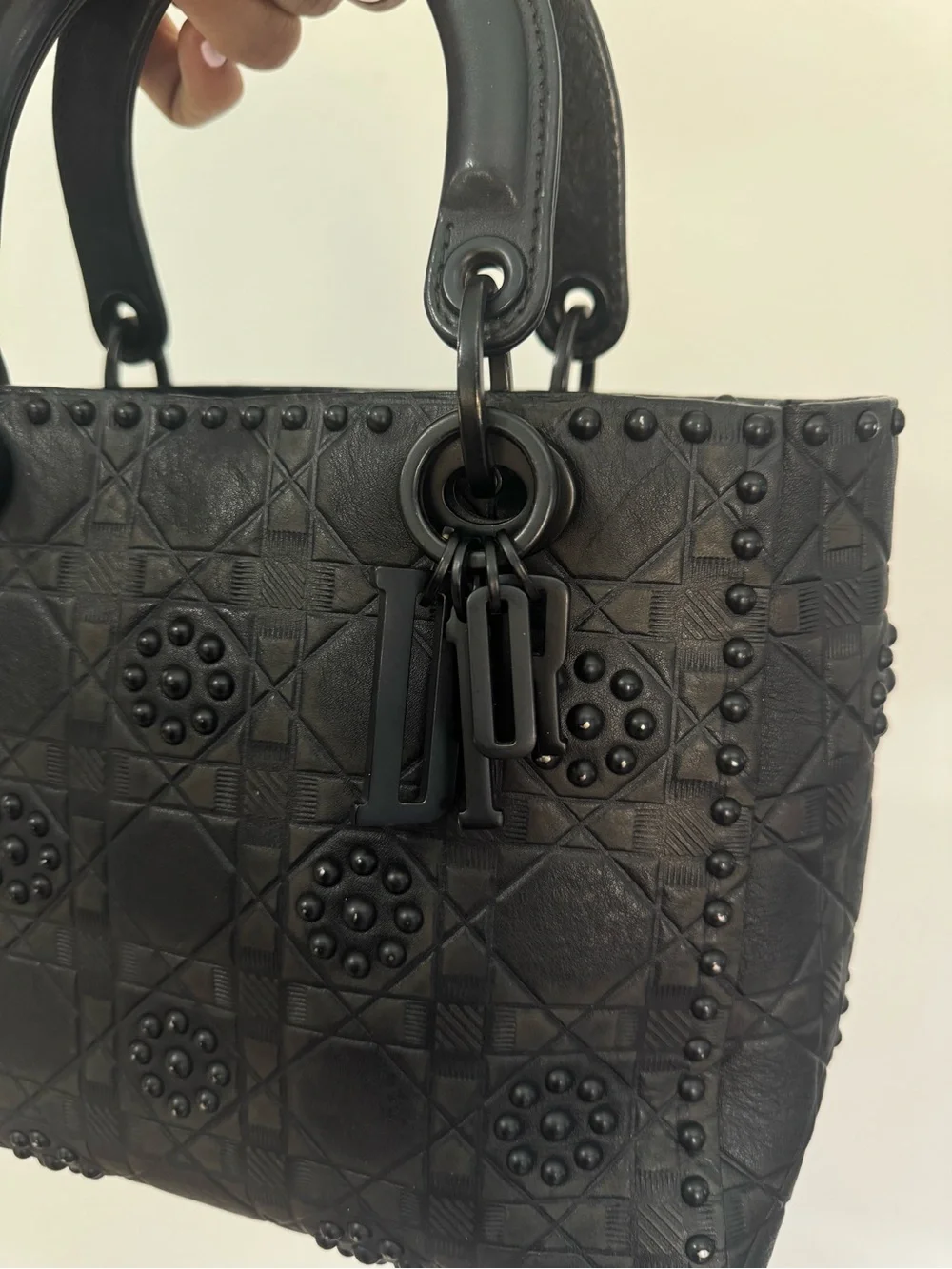 Authentic Dior Lady Dior Medium Matte Black Studded 2 way Bag 2018
